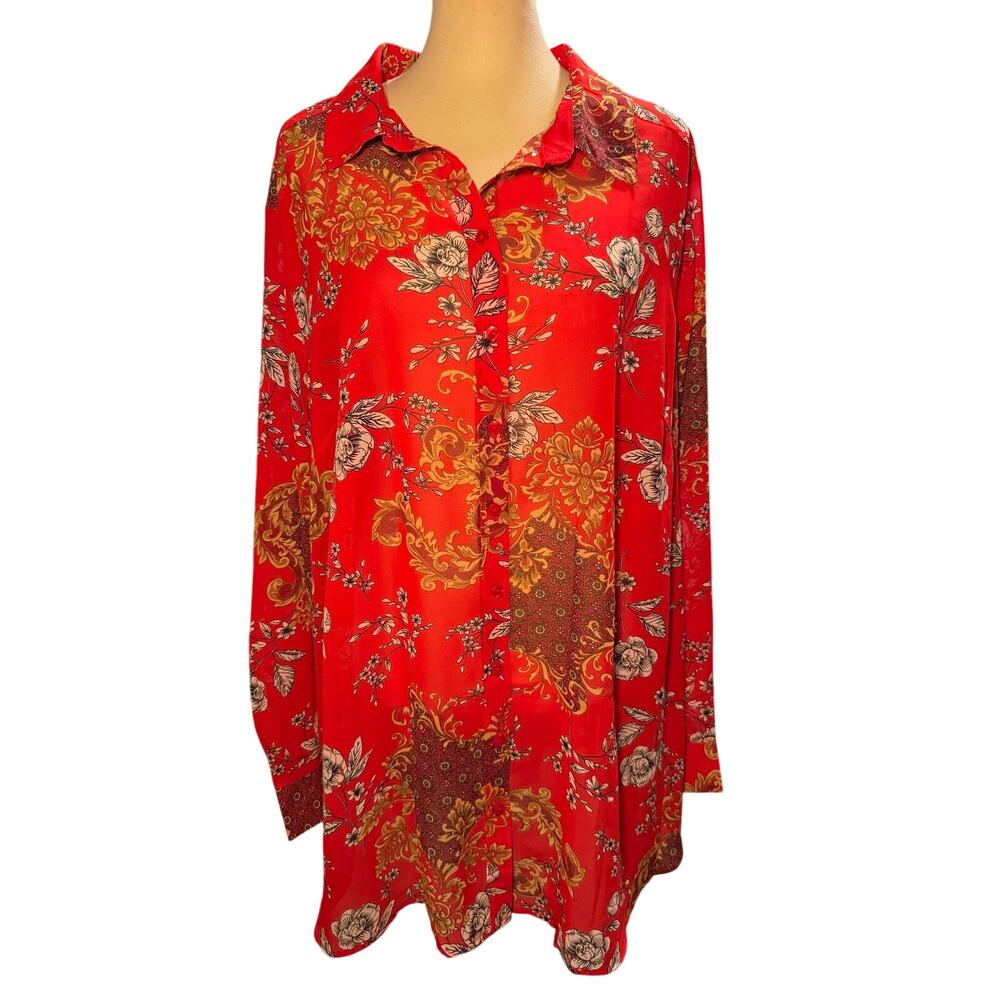 Roaman's Red Floral Baroque Paisley Button Front Tunic Blouse, Plus Size 26W